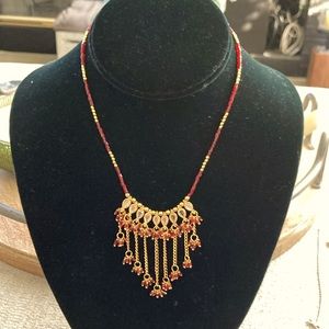 Yellow gold plated Red bead necklace with white gems( moonstones?)